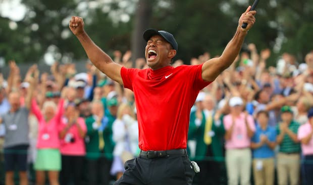 Tiger Woods celebrates winning the 2019 Masters title (Credit: Getty Images)
