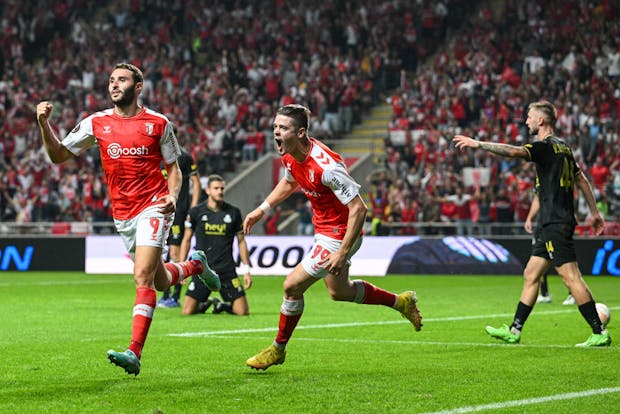 Abel Ruiz of SC Braga celebrates after scoring during the Uefa Europa League match against Royale Union Saint-Gilloise (by Octavio Passos/Getty Images)