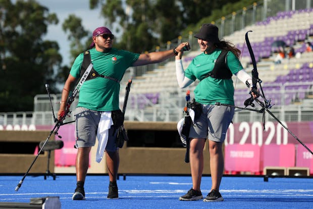 Luis Alvarez and Alejandra Valencia of Team Mexico winning the bronze medal inthe mixed team archery at the Tokyo 2020 Olympics (Justin Setterfield/Getty Images)