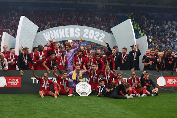Liverpool celebrate with the trophy following the Community Shield against Manchester City (Photo by Chris Brunskill/Fantasista/Getty Images)