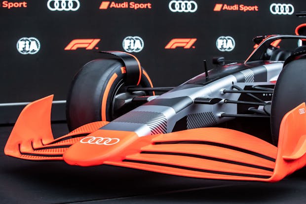 A detail view of an Audi Formula 1 model car (Photo by Cristiano Barni ATPImages/Getty Images)