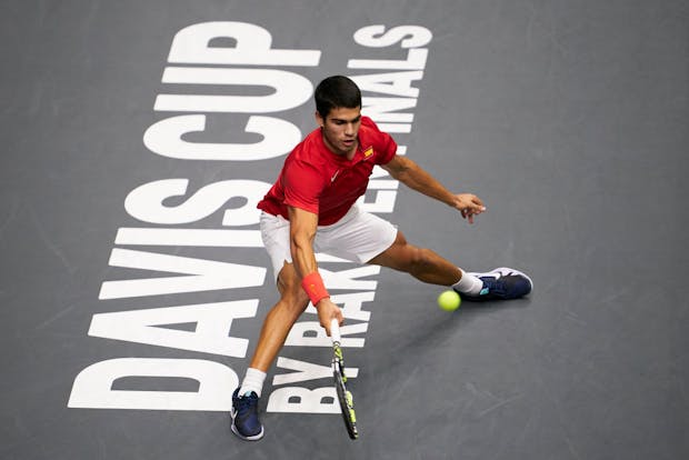 Carlos Alcaraz competes for Spain against Korea Republic during the Davis Cup Group Stage match on September 18, 2022 (by Manuel Queimadelos/Quality Sport Images/Getty Images)