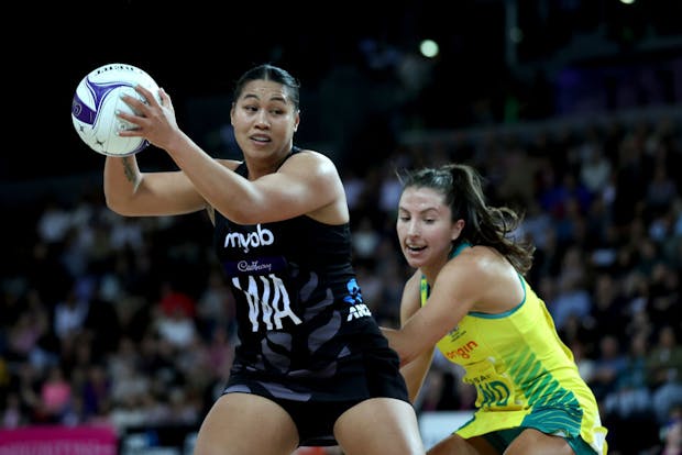 Peta Toeava of the Silver Ferns passes during the Constellation Cup match between New Zealand and Australia (Photo by Phil Walter/Getty Images)