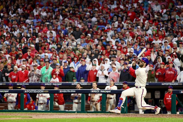 Bryce Harper, Philadelphia Phillies outfielder, hits the deciding home run in Game 5 of the 2022 National League Championship Series. (Photo by Tim Nwachukwu/Getty Images)