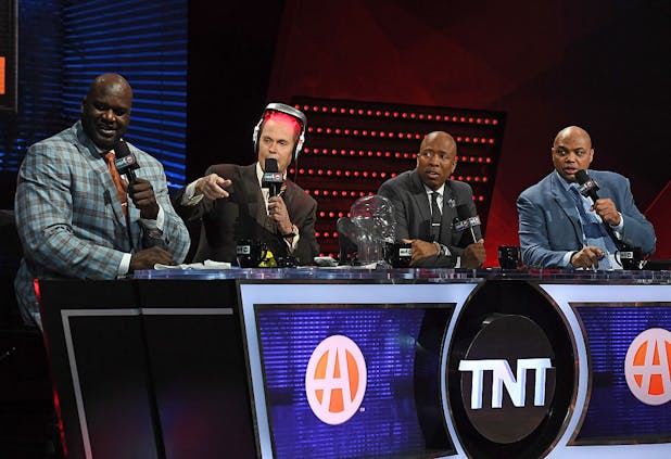 The Inside The NBA crew of (l-r) Shaquille O'Neal, Ernie Johnson, Kenny Smith, and Charles Barkley. (Photo by Ethan Miller/Getty Images)