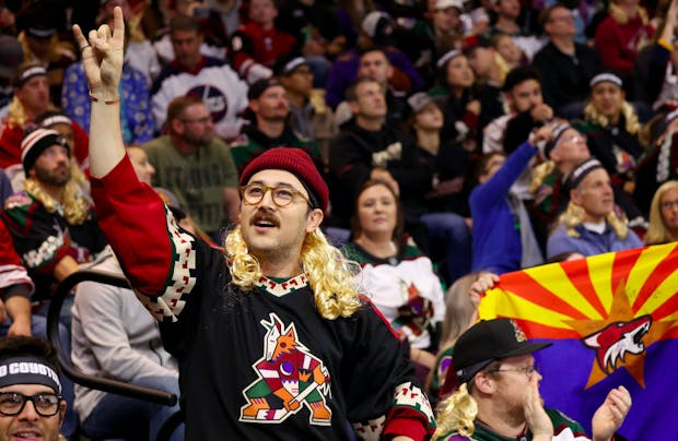 An Arizona Coyotes fan wears a fake mullet during the team's inaugural game at Mullett Arena (Getty Images)