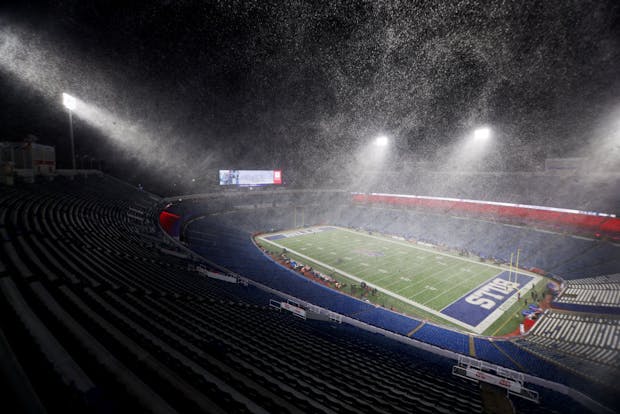 Snow falling at Highmark Stadium, home of the National Football League's Buffalo Bills, in 2021. (Getty Images)