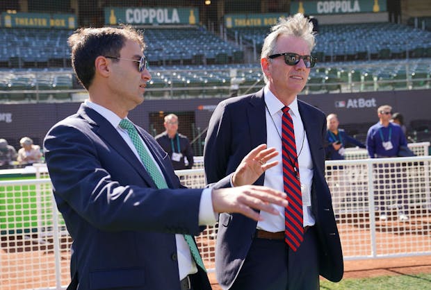 Billy Beane (r), newly named by the Oakland A's as a senior advisor to club owner John Fisher, with A's president Dave Kaval (l). (Photo by Thearon W. Henderson/Getty Images)