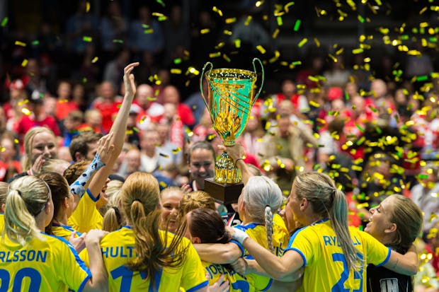 Sweden celebrates with trophy after Gold Medal game of 2019 Women's World Floorball Championships. (Photo by RvS.Media/Robert Hradil/Getty Images)