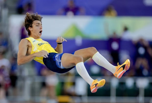 Sweden's Armand Duplantis celebrates after breaking a world record in the pole vault final during 2022 World Athletics Championships (by ANP via Getty Images)