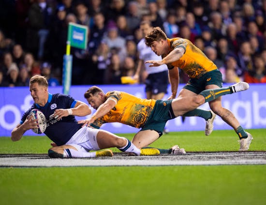 Scotland Left-wing, Duhan van der Merwe, saves a certain try against Australian on October 29, 2022 (Photo by Ian Jacobs/MB Media/Getty Images)