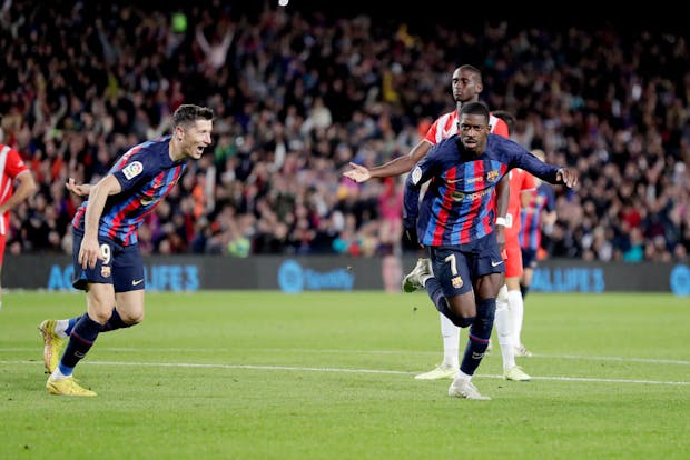 Ousmane Dembele of FC Barcelona celebrates with Robert Lewandowski (Photo by David S. Bustamante/Soccrates/Getty Images)
