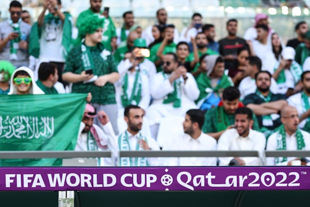 FIFA World Cup Qatar 2022 signage in front of Saudi fans at Education City Stadium in Al Rayyan, Qatar (Photo by Robbie Jay Barratt - AMA/Getty Images)