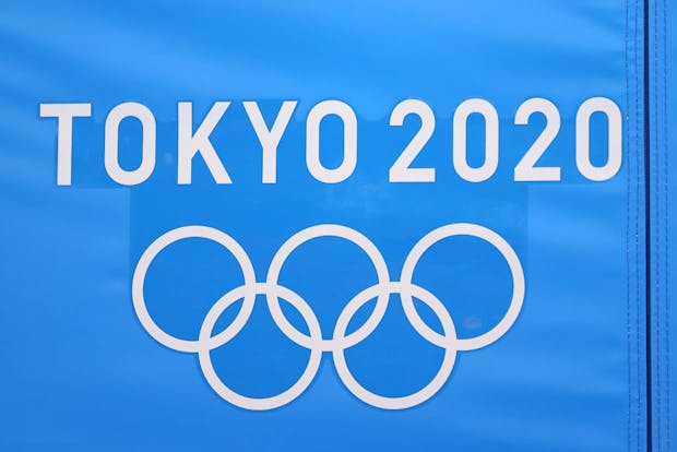 The Tokyo 2020 logo is seen during the Olympic Games at Ariake Gymnastics Centre (by Laurence Griffiths/Getty Images)
