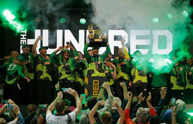 James Vince, the Southern Brave captain, lifts the trophy after The Hundred's 2021 men's final (by Tom Jenkins/Getty Images)