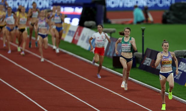 Laura Muir of Great Britain on her way to victory in the women's 1500m at the 2022 European Championships in Munich (by Amin Mohammad Jamali/Getty Images)