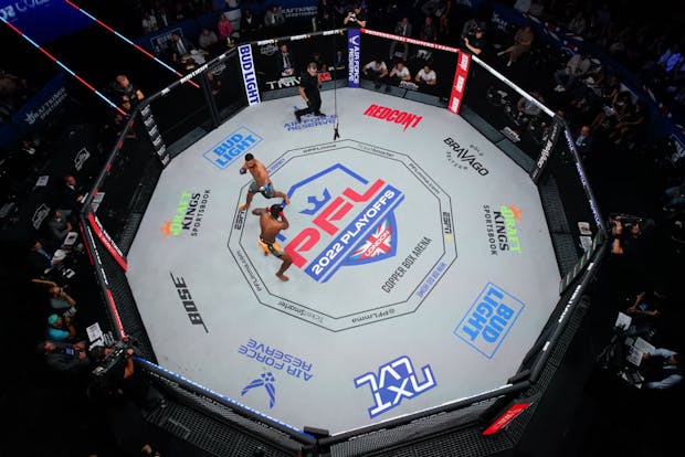 Joao Paulo Fagundes throws a punch against Simeon Powell during PFL 9 at the Copper Box Arena (Photo by Cooper Neill/Getty Images)