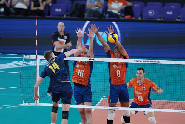 Ukraine takes on the Netherlands during the 2022 FIVB Volleyball Men's World Championship (by Borut Zivulovic/BSR Agency/Getty Images)