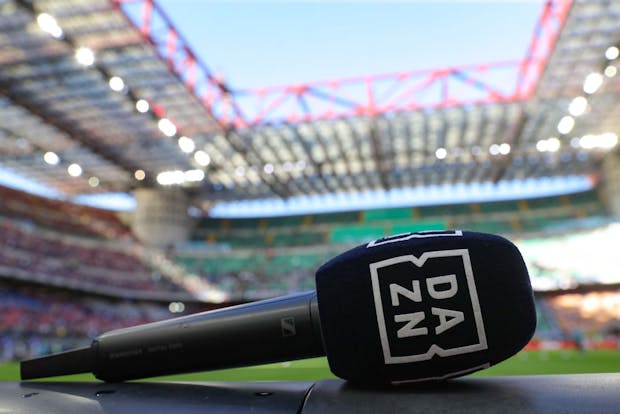 MILAN, ITALY - SEPTEMBER 10: A DAZN TV branded microphone is seen on the LED advertising boards on September 10, 2022 in Milan, Italy. (Photo by Jonathan Moscrop/Getty Images)