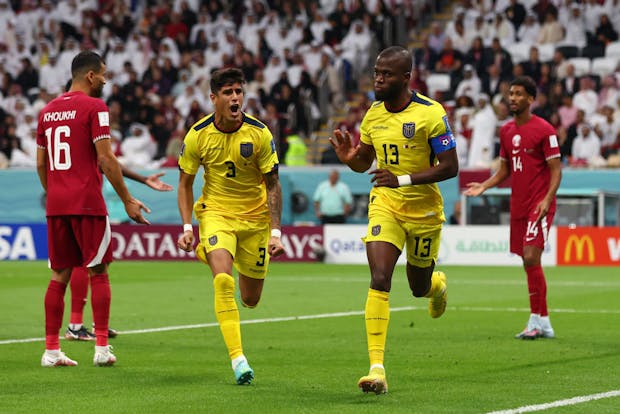 Enner Valencia of Ecuador celebrates a goal that is later ruled out by VAR in the 2022 World Cup opening match against Qatar (Chris Brunskill/Fantasista/Getty Images)