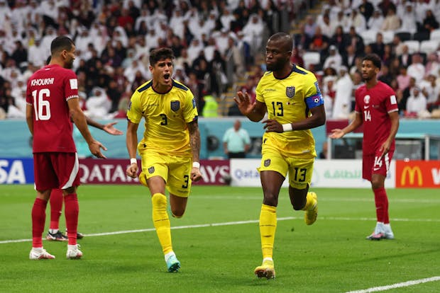 Enner Valencia of Ecuador celebrates a goal that is later ruled out by VAR in the 2022 World Cup opening match against Qatar (Chris Brunskill/Fantasista/Getty Images)