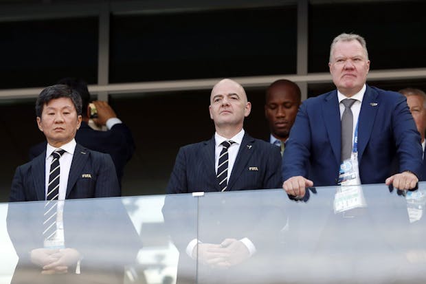 Hyundai chairman and president of the Korea Football Association Chung Mong-gyu (left) with Fifa president Gianni Infantino (Photo by VI Images via Getty Images).