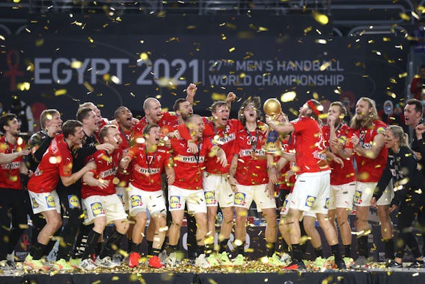 The Danish handball team celebrates after winning the IHF Men's World Championship (Photo by Slavko Midzor/Pixsell/MB Media/Getty Images)