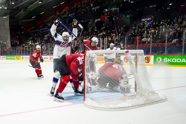 USA players celebrate scoring during the 2022 IIHF Ice Hockey World Championship match.(Photo by Jari Pestelacci/Eurasia Sport Images/Getty Images)