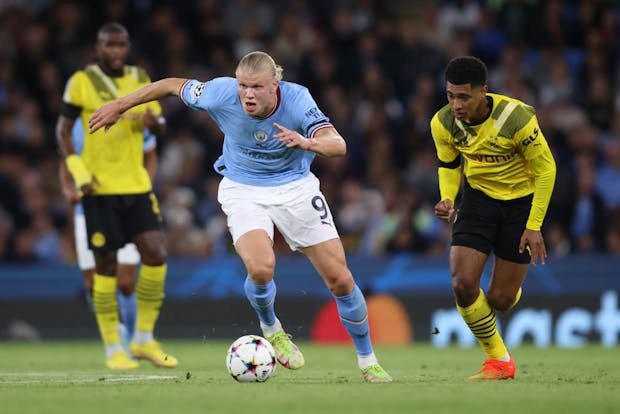 Erling Haaland (Manchester City), Jude Bellingham (Borussia Dortmund) during Champions League clash on September 14, 2022 (Photo by Marc Atkins/Getty Images)