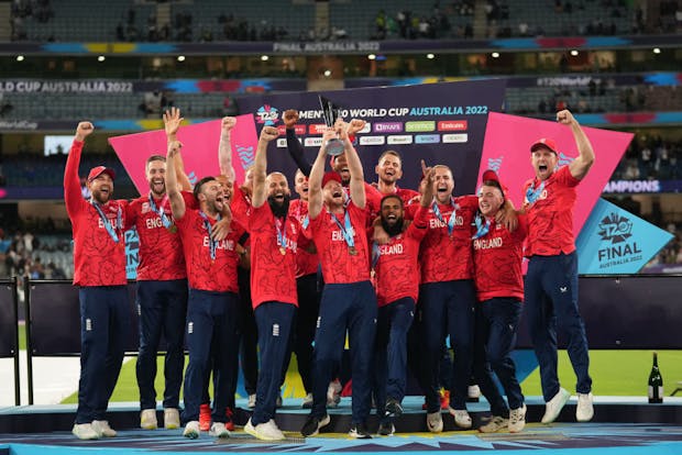Champions England celebrate after winning the ICC Men's T20 World Cup (Photo by Isuru Sameera/Gallo Images/Getty Images)
