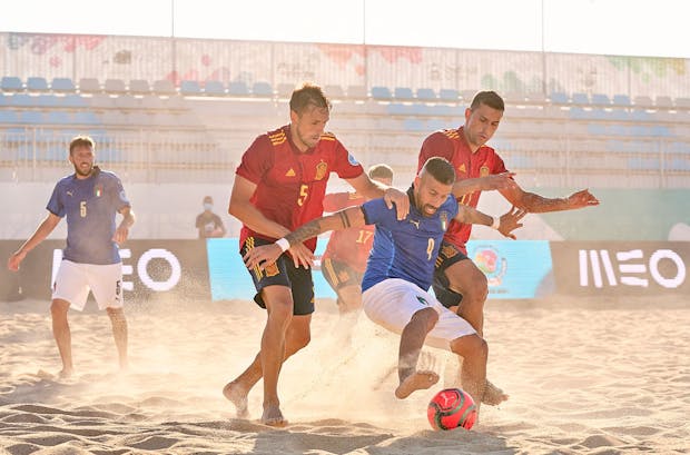 Spain takes on Italy during the 2021 Fifa Beach Soccer World Cup - Europe Qualifier (by Jose Manuel Alvarez/Quality Sport Images/Getty Images)
