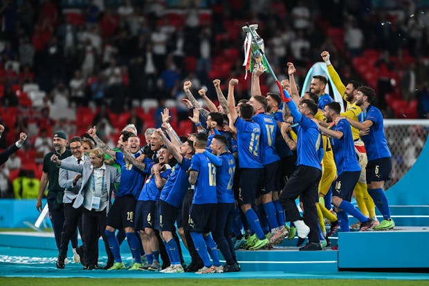 Italy celebrate with the trophy after the Uefa Euro 2020 final (Photo by GES-Sportfoto/Getty Images)