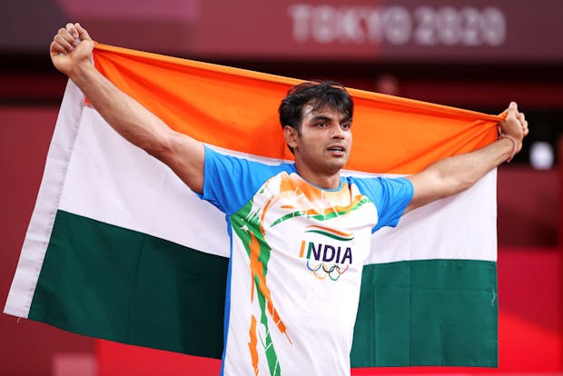 Neeraj Chopra of Team India celebrates winning the gold medal in the men's javelin at the Tokyo 2020 Olympic Games (by Michael Steele/Getty Images)
