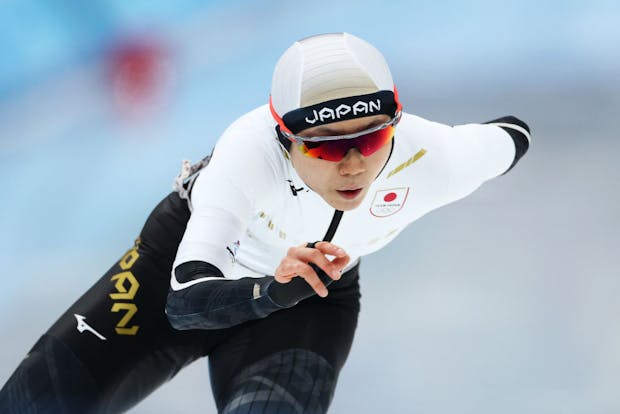 Miho Takagi of Team Japan skates to set a new Olympic record time at the Beijing 2022 Winter Olympic Games (Dean Mouhtaropoulos/Getty Images)