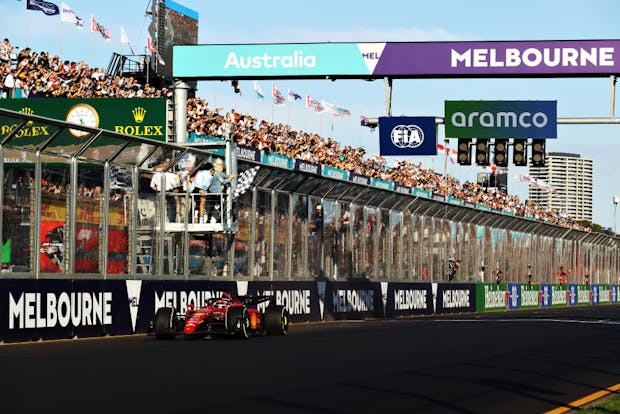 Race winner Charles Leclerc of Ferrari takes the chequered flag during the 2022 Australian Grand Prix (by Robert Cianflone/Getty Images)