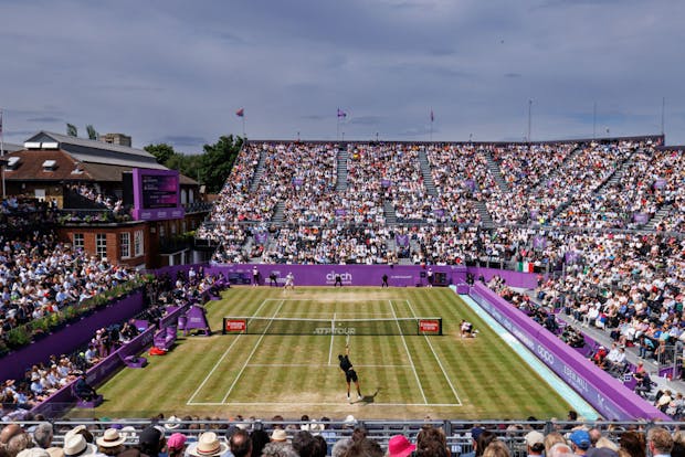 Matteo Berrettini serves against Filip Krajinovic in the singles final of the 2022 cinch Championships at The Queen's Club (by Frey/TPN/Getty Images)