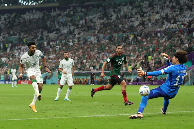 Salem Al-Dawsari of Saudi Arabia scores against Mexico during the 2022 Fifa World Cup Group C match on November 30 (by Youssef Loulidi/Fantasista/Getty Images)