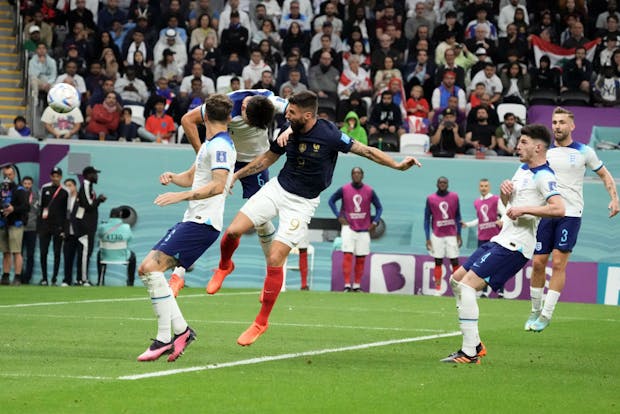 Olivier Giroud of France scores his team's second goal during the World Cup quarter-final (Photo by Koji Watanabe/Getty Images)