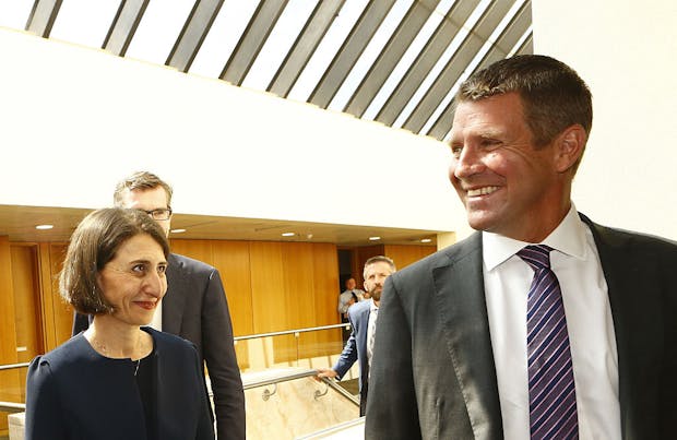Mike Baird with his successor as NSW Premier, Gladys Berejiklian, on January 23, 2017 (by Daniel Munoz/Getty Images)