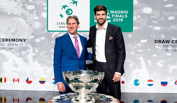 David Haggerty and Gerard Piqué attend the draw for the Davis Cup Finals on February 14, 2019 in Madrid (Photo by Samuel de Roman/Getty Images)