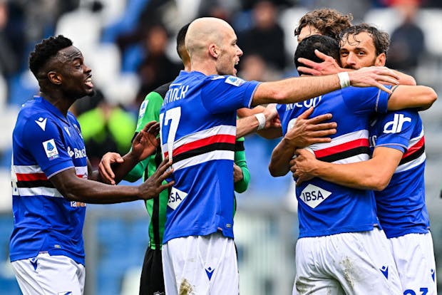 Manolo Gabbiadini of Sampdoria (R) celebrates with his team-mates after scoring during the Serie A match at Sassuolo (Simone Arveda/Getty Images)