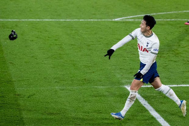 Heung-min Son of Tottenham Hotspur celebrates after scoring against Crystal Palace on January 4, 2023 (Sebastian Frej/MB Media/Getty Images)