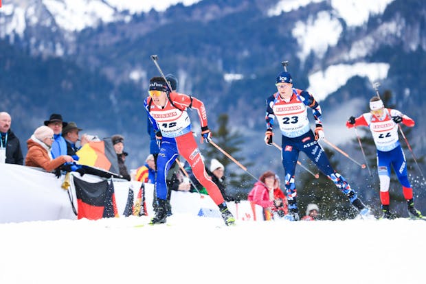 Quentin Fillon Maillet of France competes ahead of Vetle Sjaastad Christiansen of Norway and Jakub Stvrtecky of Czech Republic during the Mens 20 km Individual at the BMW IBU World Cup (Photo by Christian Manzoni/NordicFocus/Getty Images)