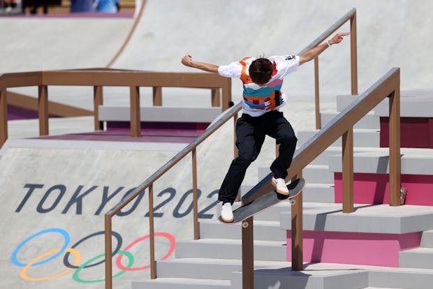 Yuto Horigome of Team Japan competes at the Skateboarding Men's Street Prelims on day two of the Tokyo 2020 Olympic Games (Photo by Dan Mullan/Getty Images)