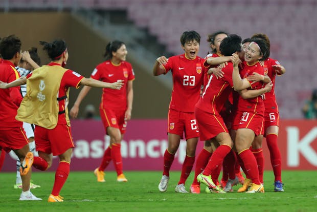 China's players celebrate their 3-2 victory over South Korea in the 2022 AFC Women's Asian Cup final (by Thananuwat Srirasant/Getty Images)