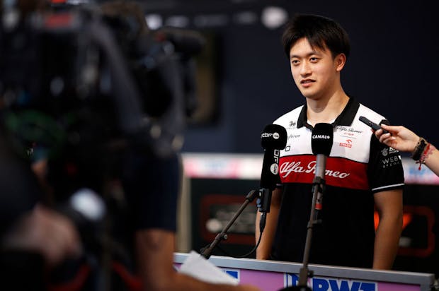 Zhou Guanyu talks to the media ahead of the 2022 United States Grand Prix (by Chris Graythen/Getty Images)