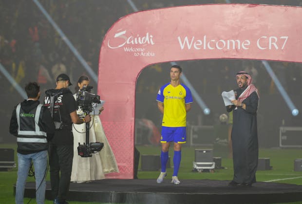 Cristiano Ronaldo is unveiled as an Al Nassr player at on January 3, 2023 in Riyadh (Photo by Khalid Alhaj/MB Media/Getty Images)