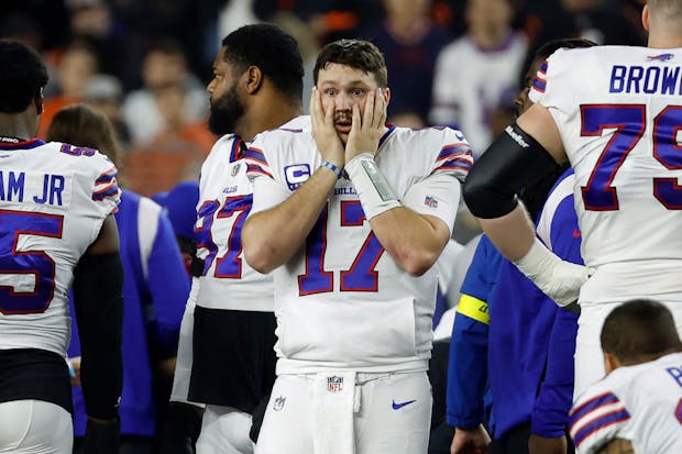 Buffalo Bills quarterback Josh Allen reacts to the life-threatening injury to teammate Damar Hamlin. (Kirk Irwin/Getty Images)