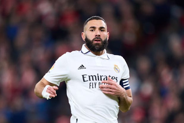 France's Karim Benzema in action for Real Madrid during the LaLiga match against Athletic Club on January 22, 2023 (by Juan Manuel Serrano Arce/Getty Images)