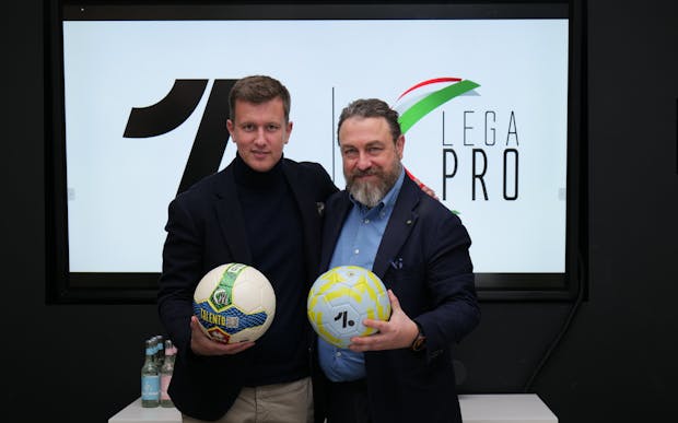 Lega Pro vice-president Marcel Vulpis (R) and OneFootball vice-president of partnerships Tom Mueller (L) (by Jacob Dodd/OneFootball)